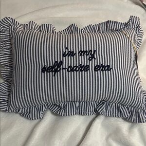 Stylehouse embroidered oblong pillow “in my self-care era” blue stripe colors